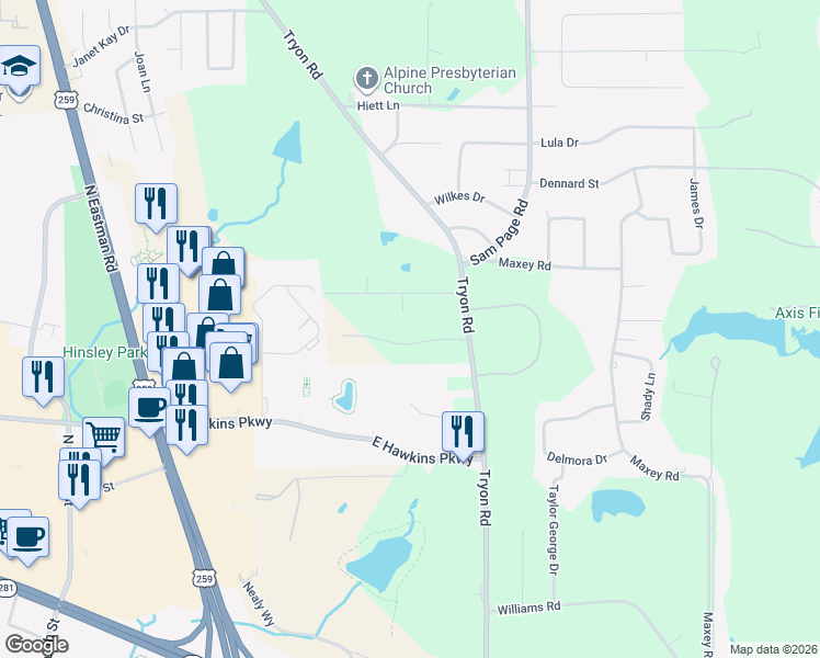 map of restaurants, bars, coffee shops, grocery stores, and more near 114 Bella Terra Drive in Longview