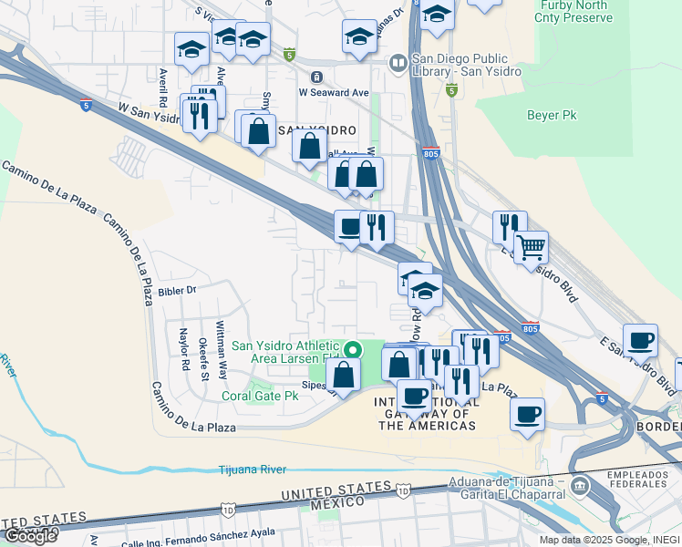 map of restaurants, bars, coffee shops, grocery stores, and more near 230 Via De San Ysidro in San Diego