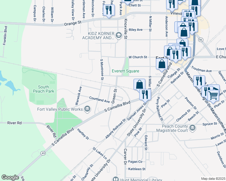map of restaurants, bars, coffee shops, grocery stores, and more near 402 Green Street in Fort Valley