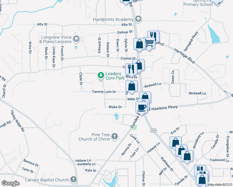map of restaurants, bars, coffee shops, grocery stores, and more near 308 Tammy Lynn Drive in Longview