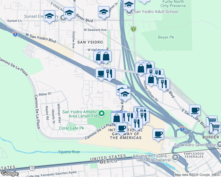 map of restaurants, bars, coffee shops, grocery stores, and more near 130 West Calle Primera in San Diego