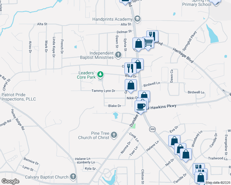 map of restaurants, bars, coffee shops, grocery stores, and more near 308 Tammy Lynn Drive in Longview