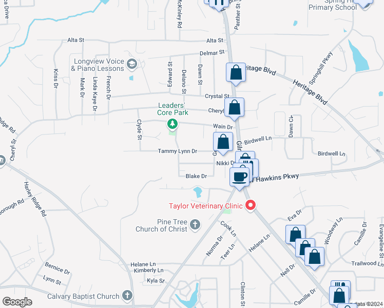 map of restaurants, bars, coffee shops, grocery stores, and more near 308 Tammy Lynn Drive in Longview