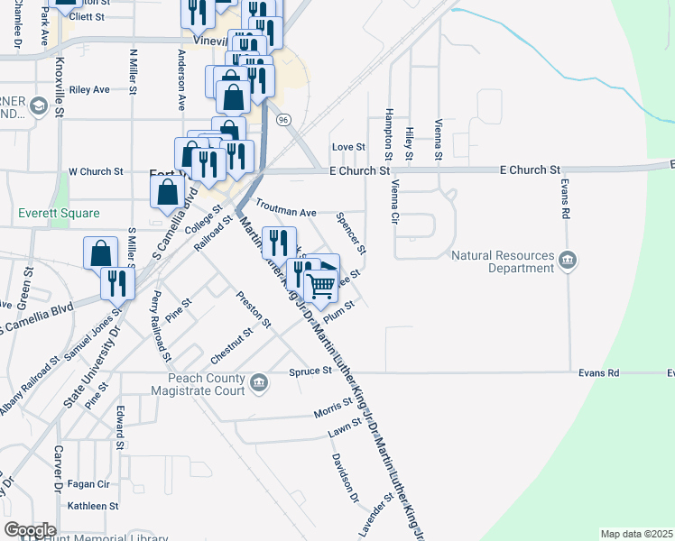 map of restaurants, bars, coffee shops, grocery stores, and more near 310 Calhoun Street in Fort Valley