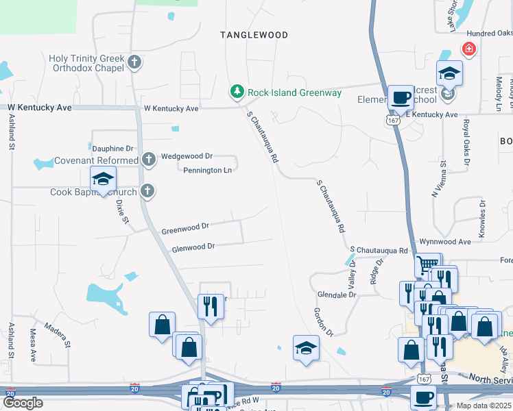 map of restaurants, bars, coffee shops, grocery stores, and more near 820 Greenwood Drive in Ruston