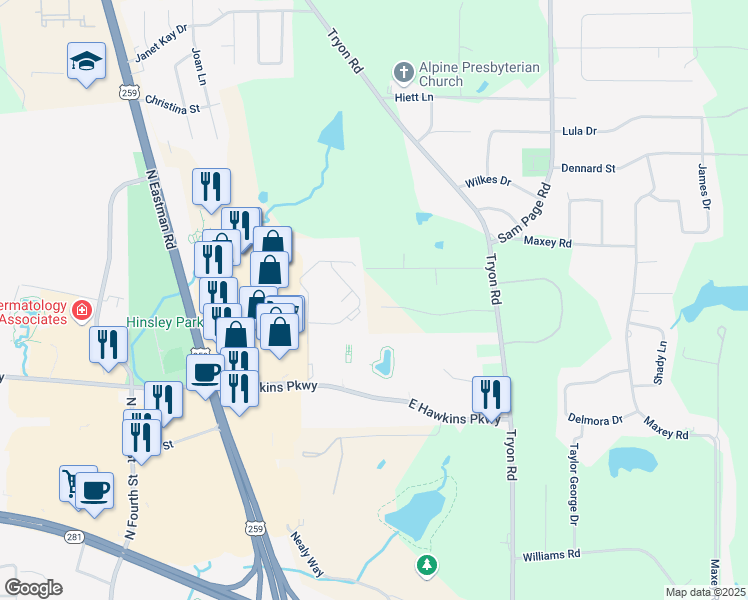 map of restaurants, bars, coffee shops, grocery stores, and more near 124 Bella Terra Drive in Longview
