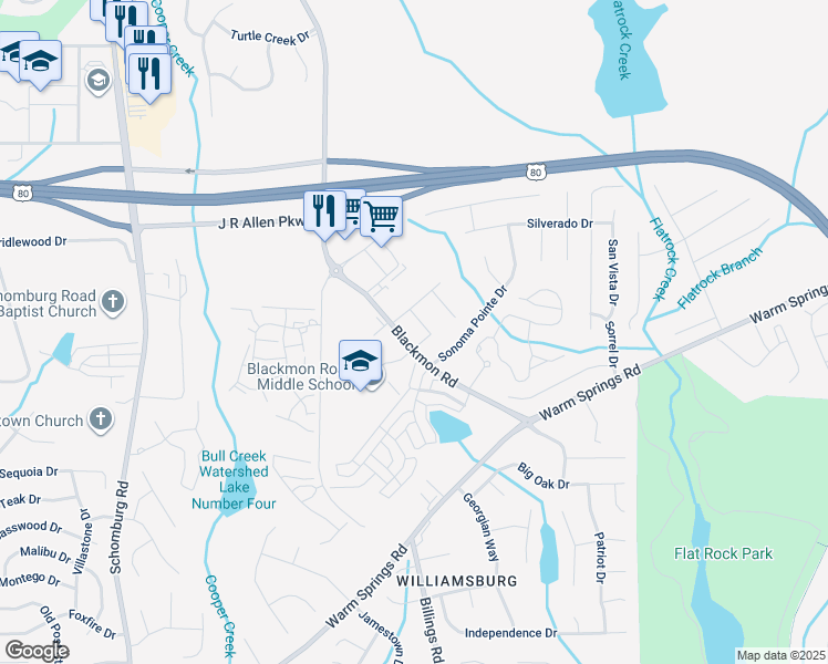 map of restaurants, bars, coffee shops, grocery stores, and more near 7300 Blackmon Road in Columbus