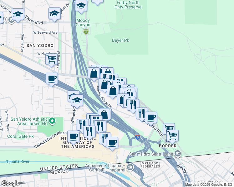 map of restaurants, bars, coffee shops, grocery stores, and more near 511 East San Ysidro Boulevard in San Diego