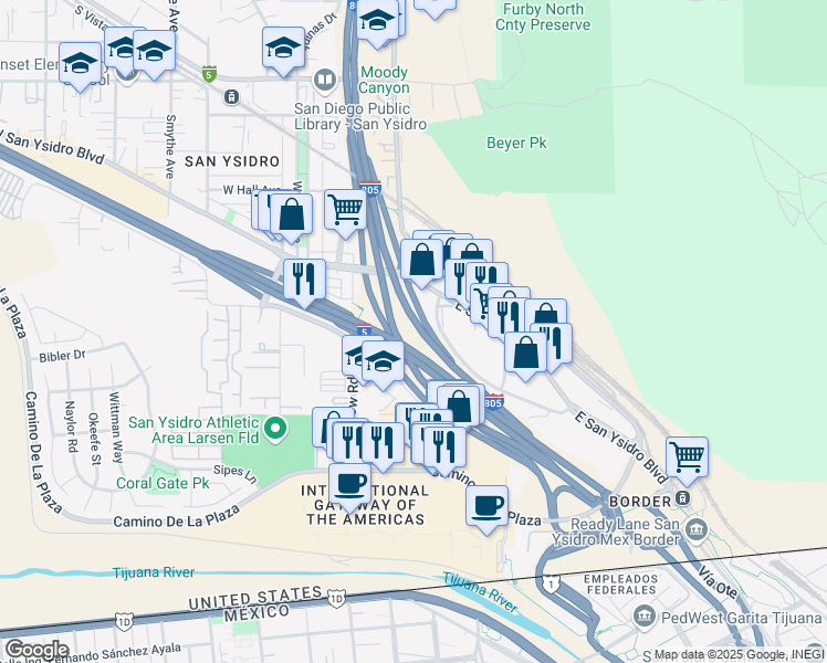 map of restaurants, bars, coffee shops, grocery stores, and more near in San Diego