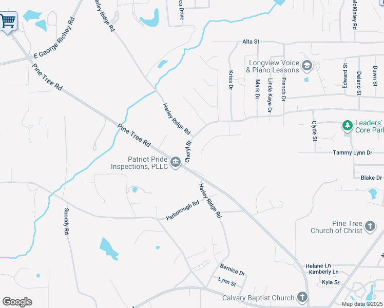 map of restaurants, bars, coffee shops, grocery stores, and more near 1206 Cheryl Street in Longview