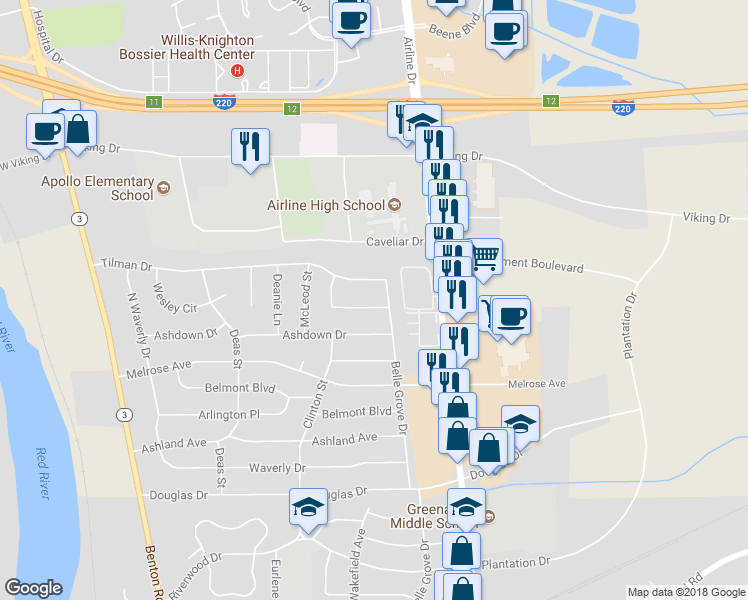 map of restaurants, bars, coffee shops, grocery stores, and more near 2535 La Vonne Circle in Bossier City