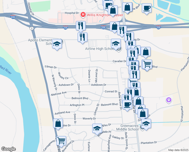 map of restaurants, bars, coffee shops, grocery stores, and more near 2511 McLeod Street in Bossier City