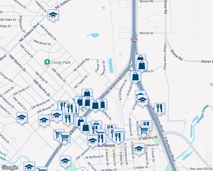 map of restaurants, bars, coffee shops, grocery stores, and more near 378 Hampton Place in Burleson