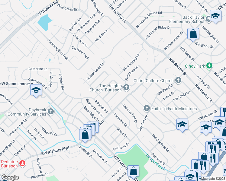 map of restaurants, bars, coffee shops, grocery stores, and more near 413 Shelby Drive in Burleson