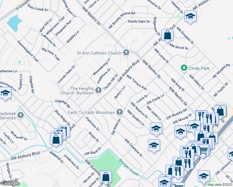 map of restaurants, bars, coffee shops, grocery stores, and more near 304 Betty L Lane in Burleson