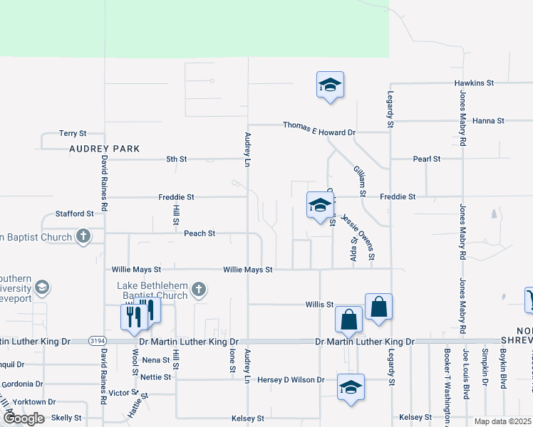 map of restaurants, bars, coffee shops, grocery stores, and more near 1623 Avocado Drive in Shreveport