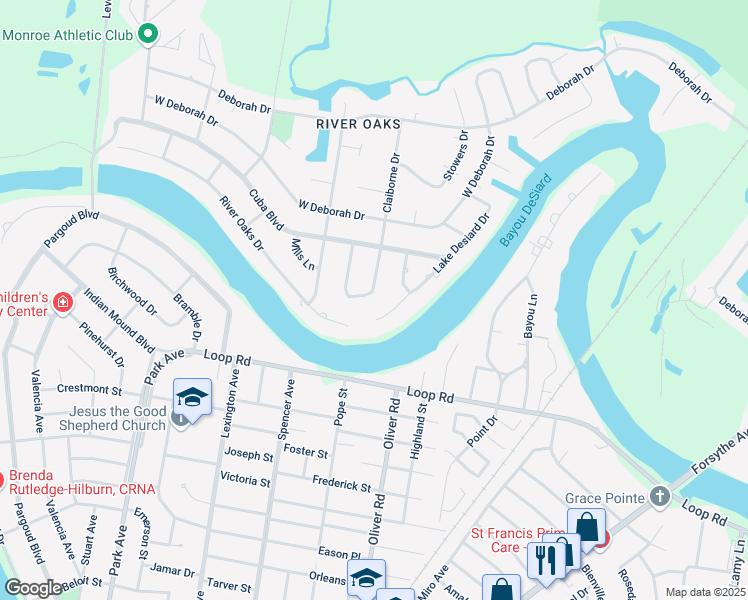 map of restaurants, bars, coffee shops, grocery stores, and more near 3205 Claiborne Circle in Monroe
