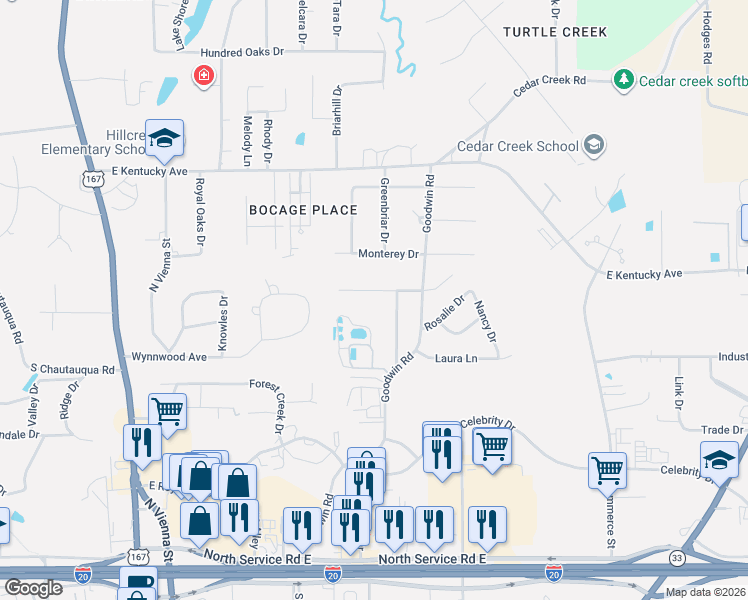 map of restaurants, bars, coffee shops, grocery stores, and more near 500-698 Marie Ave in Ruston