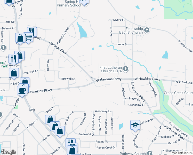 map of restaurants, bars, coffee shops, grocery stores, and more near 3800 Holly Ridge Drive in Longview