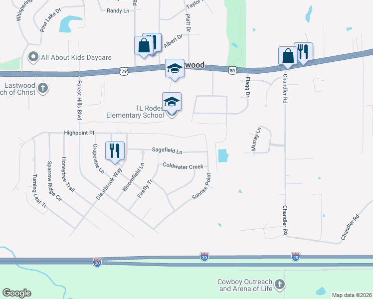 map of restaurants, bars, coffee shops, grocery stores, and more near 3035 Sagefield Lane in Haughton