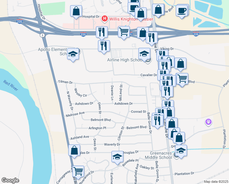 map of restaurants, bars, coffee shops, grocery stores, and more near 2510 Deanie Lane in Bossier City