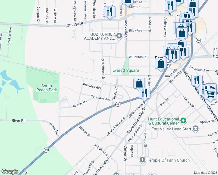 map of restaurants, bars, coffee shops, grocery stores, and more near 237-277 Oaklawn Street in Fort Valley