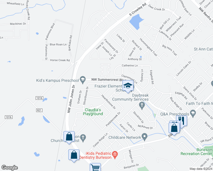 map of restaurants, bars, coffee shops, grocery stores, and more near 1233 Shelley Drive in Burleson