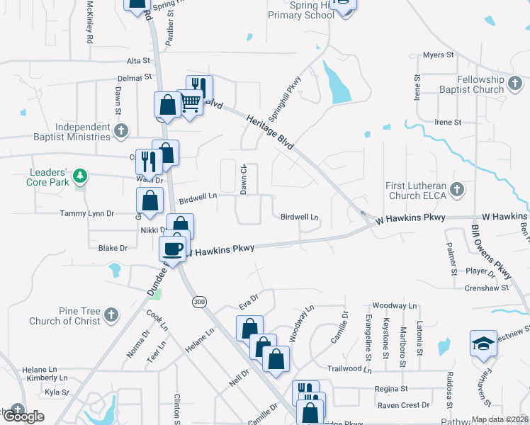 map of restaurants, bars, coffee shops, grocery stores, and more near 3 Spring Valley Circle in Longview
