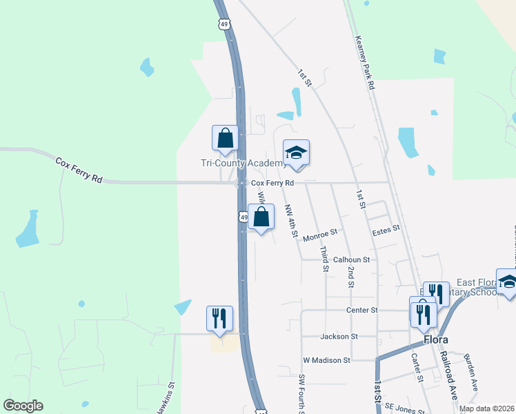 map of restaurants, bars, coffee shops, grocery stores, and more near in Flora