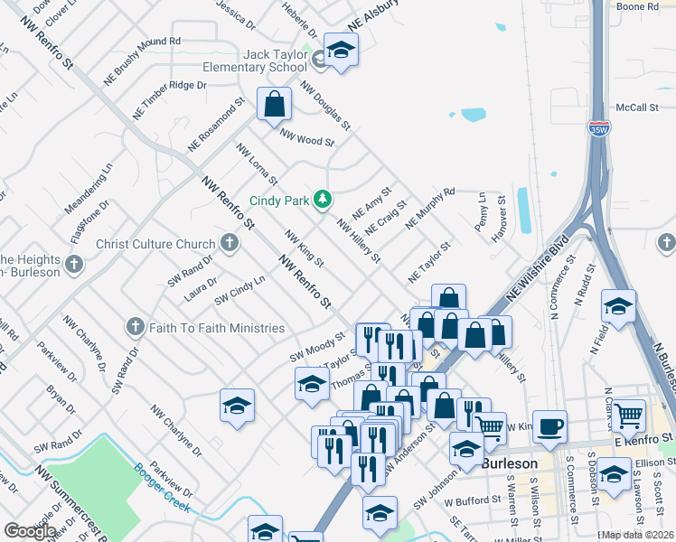 map of restaurants, bars, coffee shops, grocery stores, and more near 509 Northwest Lorna Street in Burleson