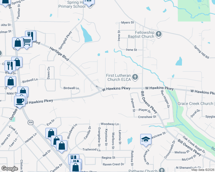 map of restaurants, bars, coffee shops, grocery stores, and more near 3800 Holly Ridge Drive in Longview