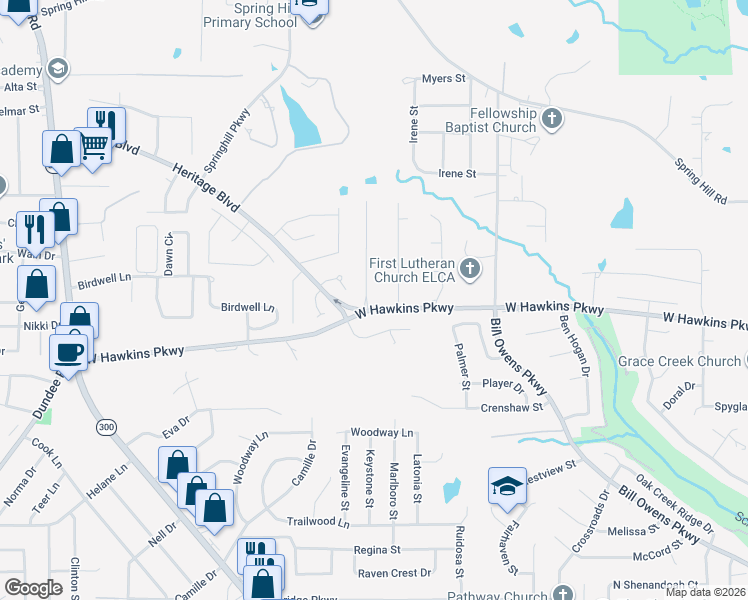 map of restaurants, bars, coffee shops, grocery stores, and more near 3800 Holly Ridge Drive in Longview