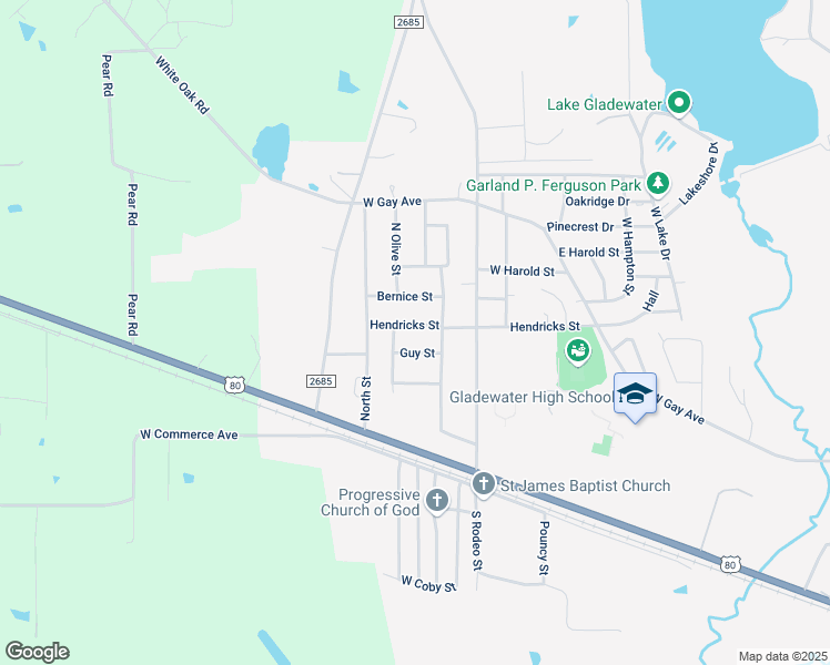 map of restaurants, bars, coffee shops, grocery stores, and more near 2807 Hendricks Street in Gladewater