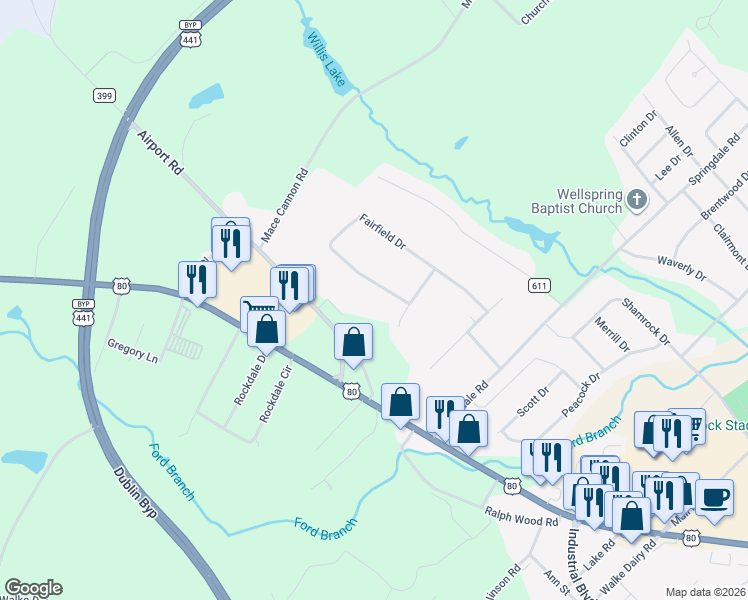 map of restaurants, bars, coffee shops, grocery stores, and more near 499 Fairfield Drive in Dublin