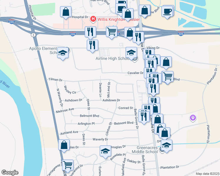map of restaurants, bars, coffee shops, grocery stores, and more near 2511 McLeod Street in Bossier City