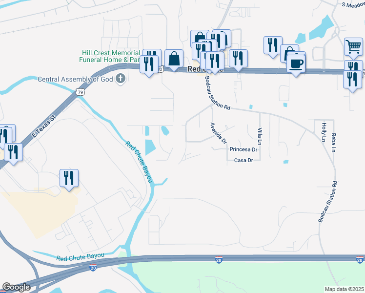 map of restaurants, bars, coffee shops, grocery stores, and more near 214 Espanita Boulevard in Haughton
