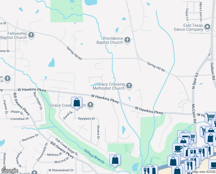 map of restaurants, bars, coffee shops, grocery stores, and more near 6 Stoneridge Trail in Longview