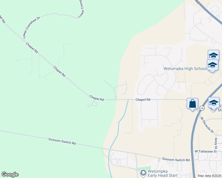 map of restaurants, bars, coffee shops, grocery stores, and more near 1202 Cotton Lakes Boulevard in Wetumpka