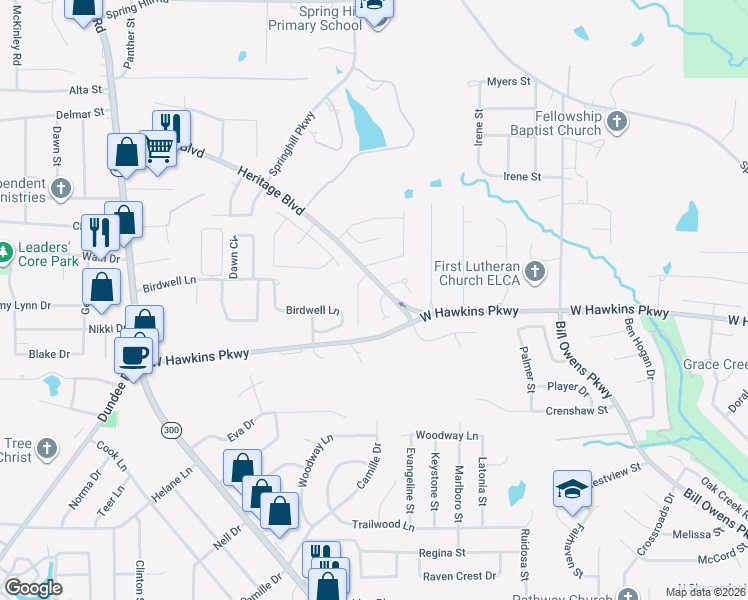 map of restaurants, bars, coffee shops, grocery stores, and more near 3709 Cabec Drive in Longview