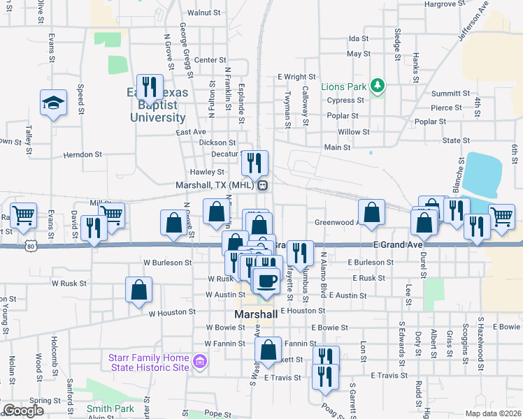 map of restaurants, bars, coffee shops, grocery stores, and more near 609 North Bolivar Street in Marshall