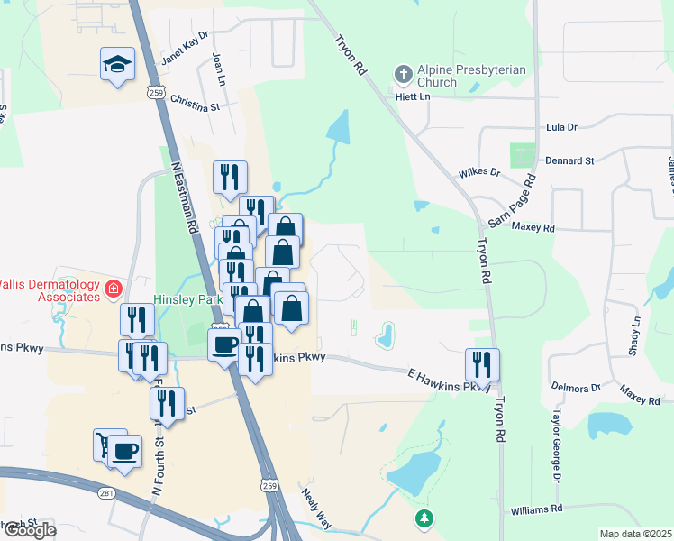 map of restaurants, bars, coffee shops, grocery stores, and more near 124 Bella Terra Drive in Longview