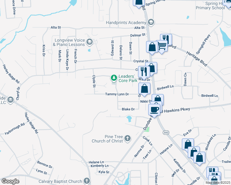 map of restaurants, bars, coffee shops, grocery stores, and more near 3411-3499 Denson Drive in Longview