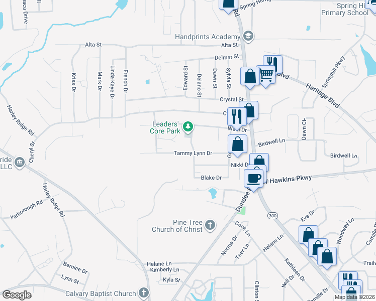 map of restaurants, bars, coffee shops, grocery stores, and more near 3411-3499 Denson Drive in Longview