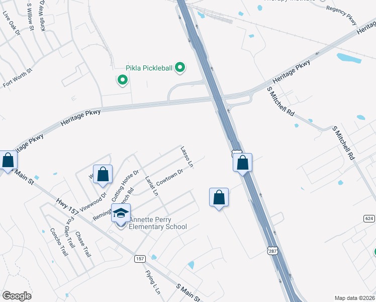 map of restaurants, bars, coffee shops, grocery stores, and more near 1703 Cowtown Court in Mansfield