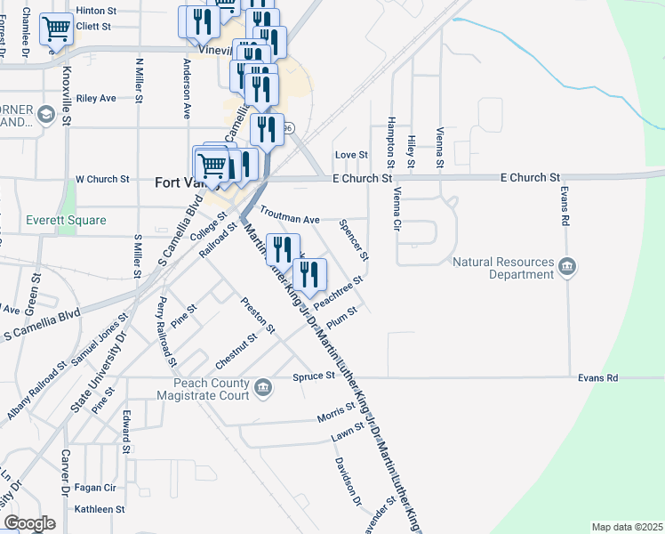 map of restaurants, bars, coffee shops, grocery stores, and more near 310 Calhoun Street in Fort Valley
