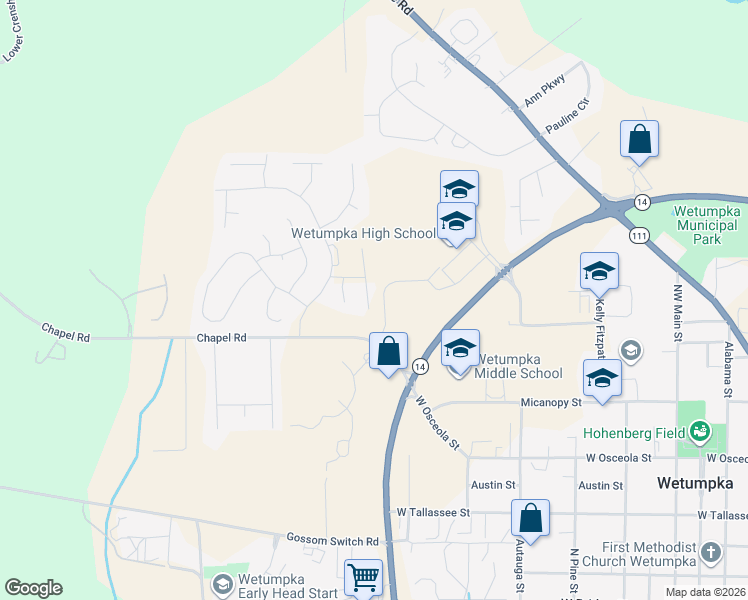 map of restaurants, bars, coffee shops, grocery stores, and more near 124 Chapel Road in Wetumpka