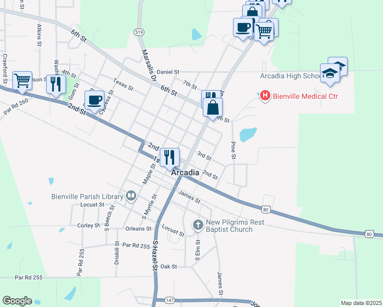 map of restaurants, bars, coffee shops, grocery stores, and more near 2445 Hazel Street in Arcadia