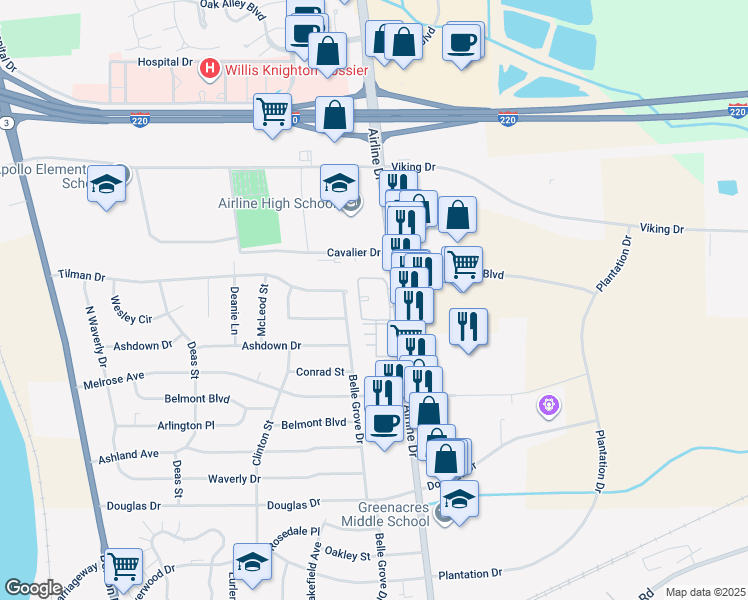 map of restaurants, bars, coffee shops, grocery stores, and more near 2532 Belle Grove Drive in Bossier City