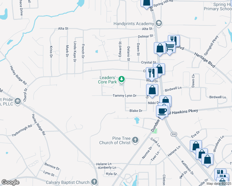 map of restaurants, bars, coffee shops, grocery stores, and more near 410a Tammy Lynn Drive in Longview