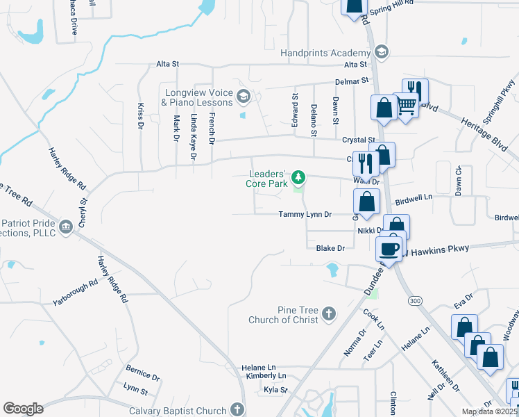 map of restaurants, bars, coffee shops, grocery stores, and more near 418 Tammy Lynn Drive in Longview